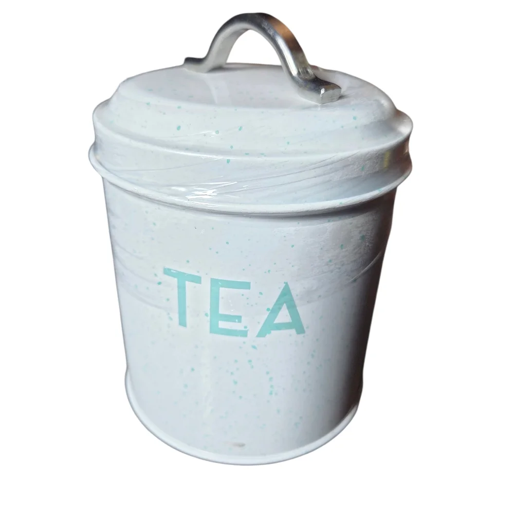 White Tea Canister with Mint Green Lettering